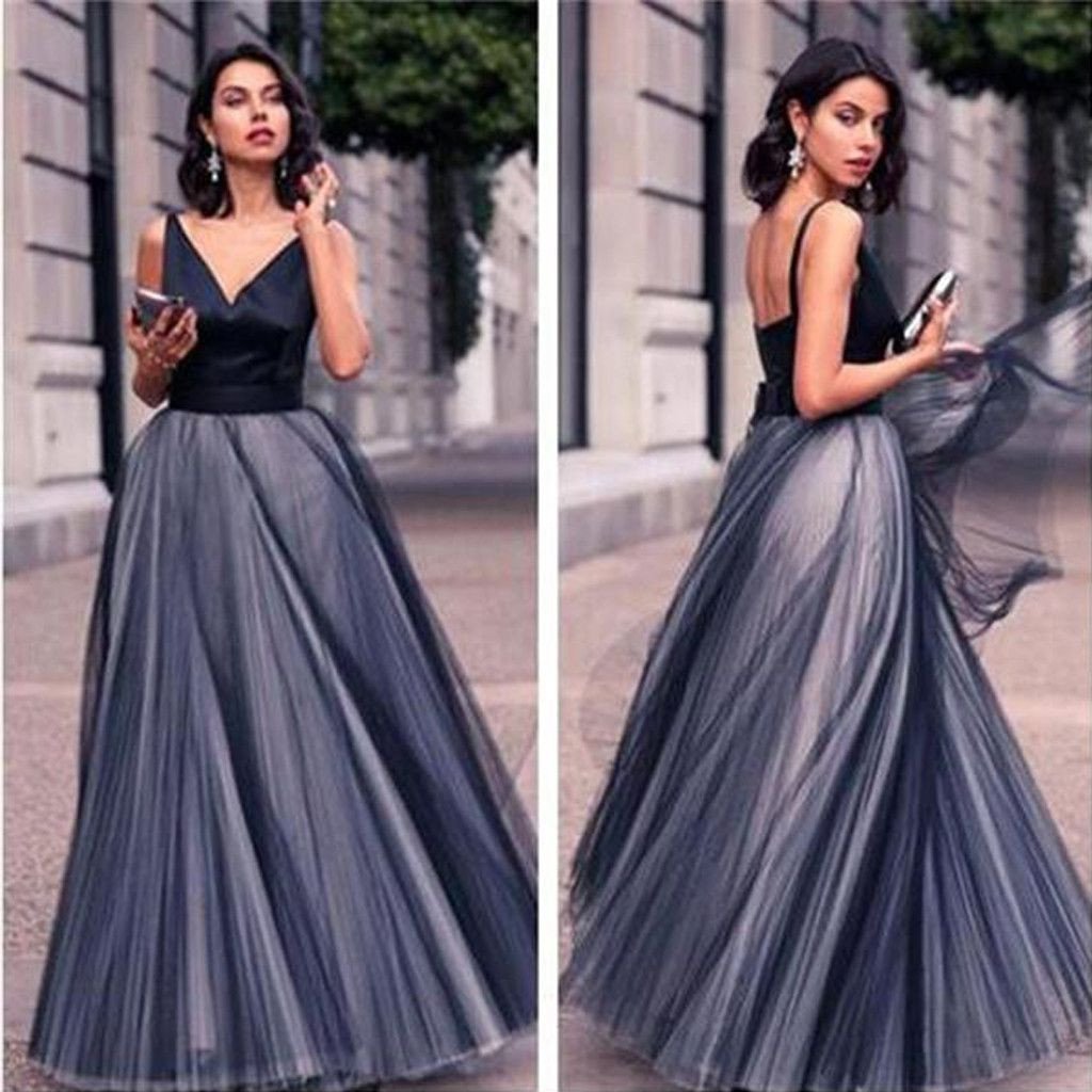 Gorgeous V-neck Black Satin Top Long A-line Tulle Prom Dresses