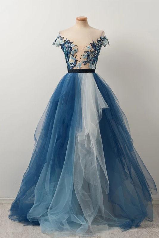 Blue Off the Shoulder Tulle V neck Cap Sleeve Beads Prom Dresses with Applique STC15080