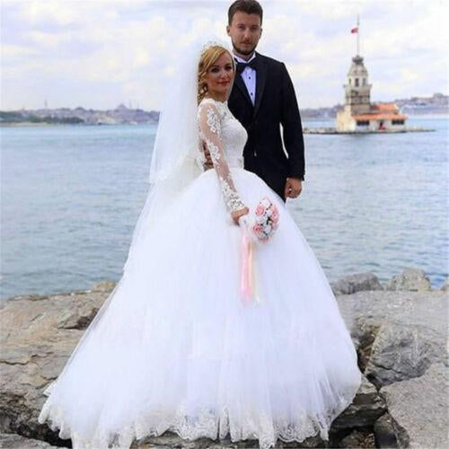 Elegant Ball Gown Lace Long Sleeve Wedding Dresses with Appliques, Tulle White Bridal Dress STC15156
