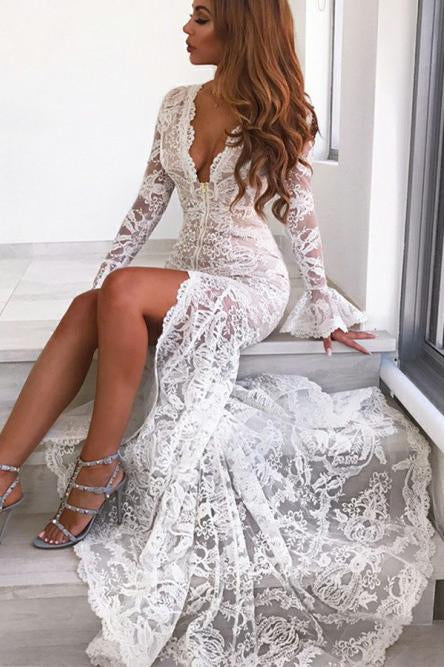 Long Sleeves Mermaid Lace V Neck Wedding Dresses with Slit Wedding STC15651