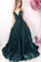 Long Green Spaghetti Straps V Neck Satin Prom Dresses Evening Party STC15650
