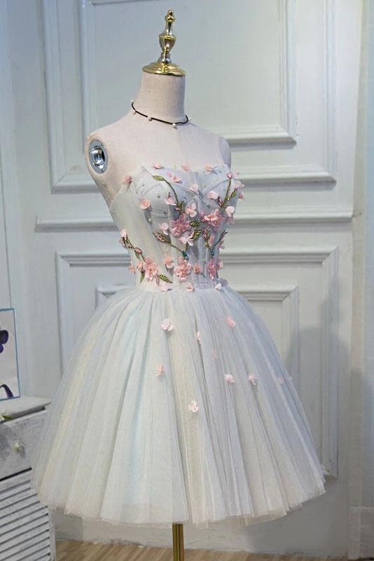Cute Blue Strapless Tulle Homecoming Dresses with 3D Flowers Lace up Dance Dresses STC14970