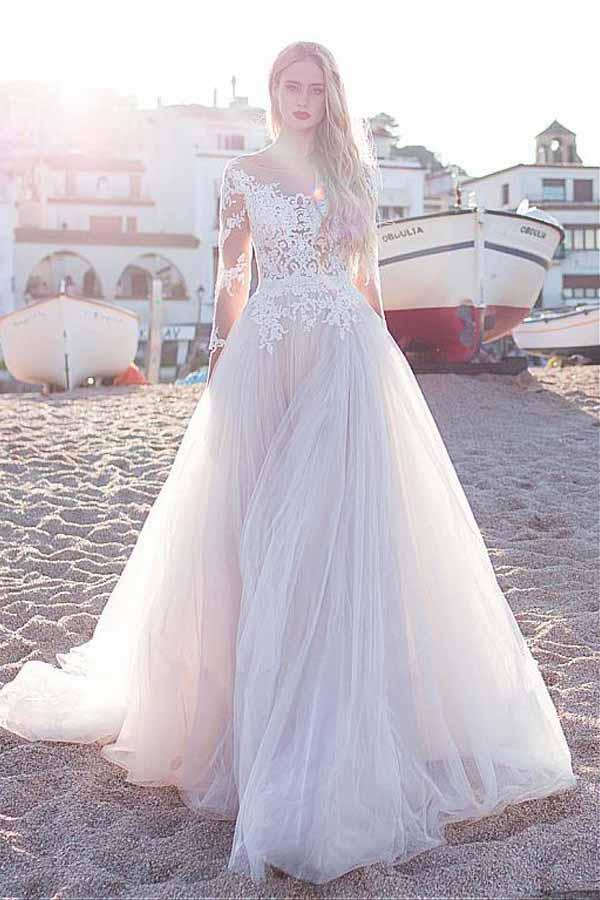 Tulle Scoop Neckline Pink A-line Lace Appliques Long Sleeves Bowknot Wedding Dresses