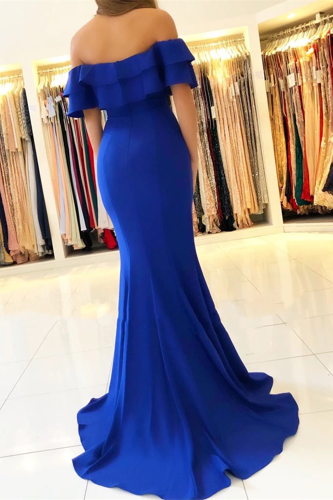 Elegant Off the Shoulder Royal Blue Mermaid Ruffle Sleeve Satin Long Prom Dresses STC15190
