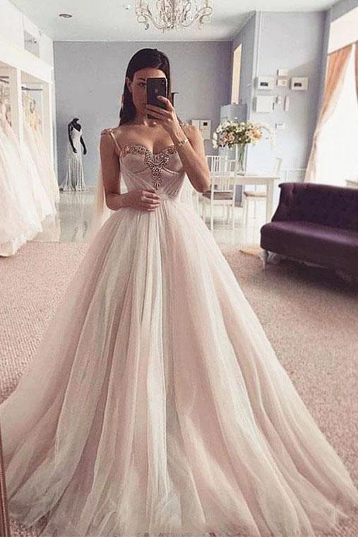 Elegant Spaghetti Straps Sweetheart Tulle Pink Prom Dress with Beading, Long Formal Dress STC15203