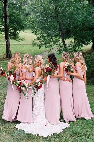 Dusty Pink Chiffon Sheath Off Shoulder Long Bridesmaid Dresses, Wedding Party Dresses STC15141