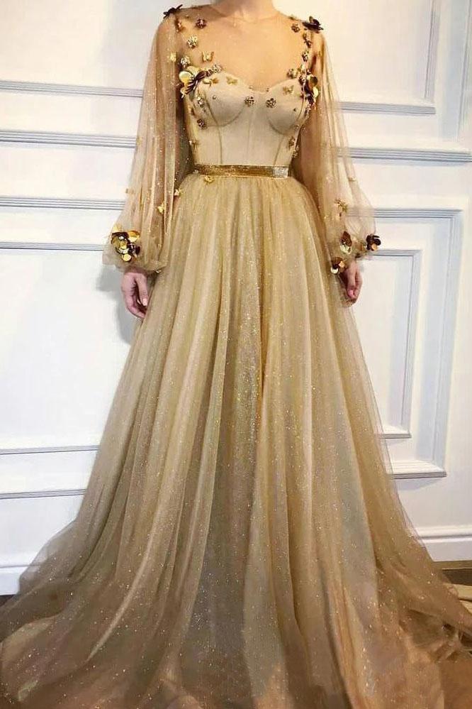 Elegant 3D Flowers Long Sleeve Prom Dresses Golden Rhinestone Evening Dresses STC15143