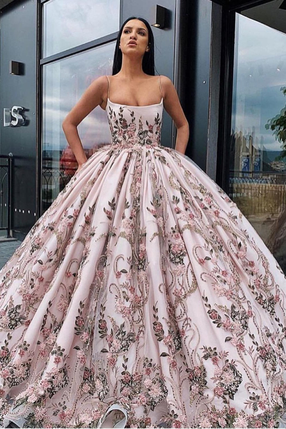 Princess Ball Gown Spaghetti Straps Beads Floral Print Prom Dresses Long Quinceanera Dress STC15294