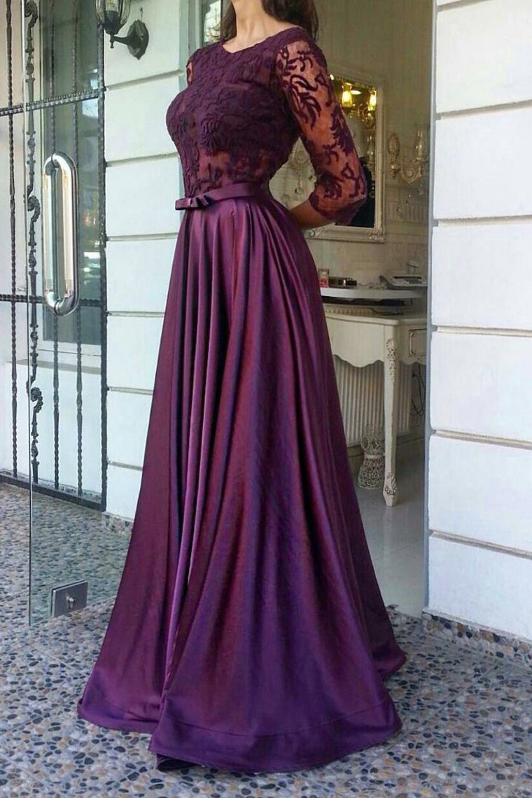 A Line Scoop Prom Dresses Stretch Satin And Lace Bodice With