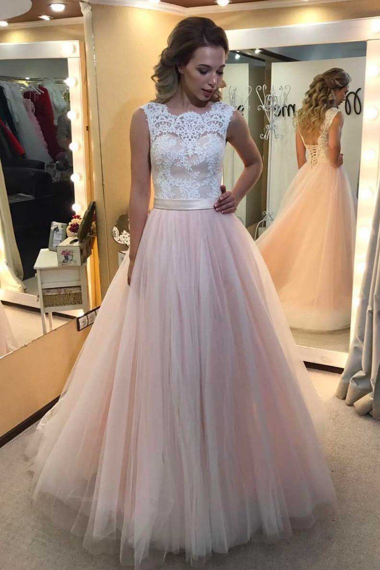 2022 Scoop Tulle With Applique And Sash A Line Lace Up