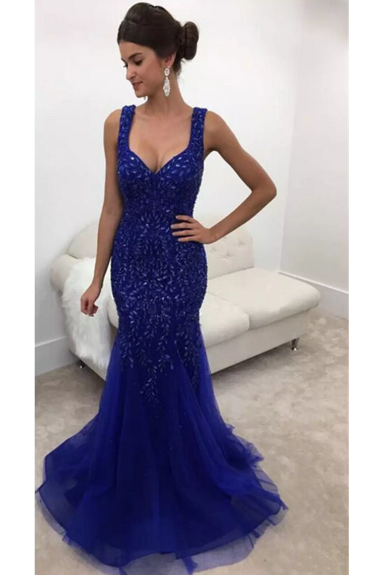 2022 Sexy Open Back Straps Beaded Bodice Prom Dresses