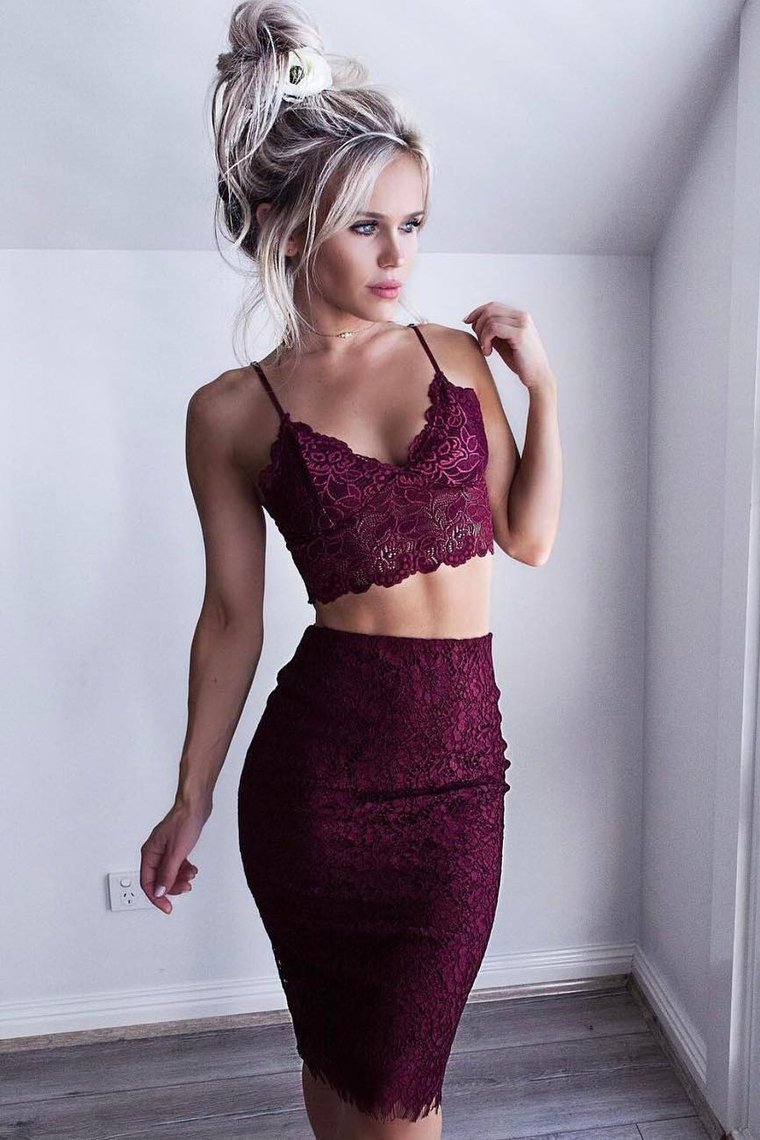 Spaghetti Straps Lace Two-Piece Cocktail