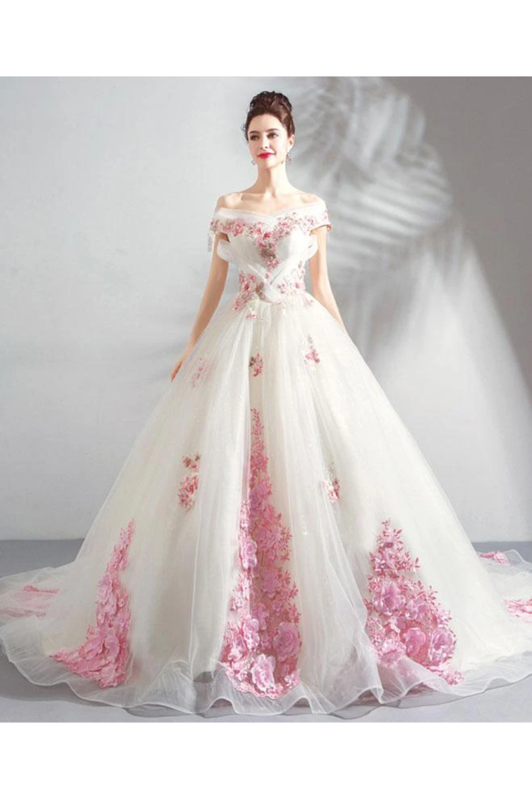 Unique Off The Shoulder Tulle Wedding Dress With Pink Flowers Ball Gown Wedding STCPQ4NB2CL
