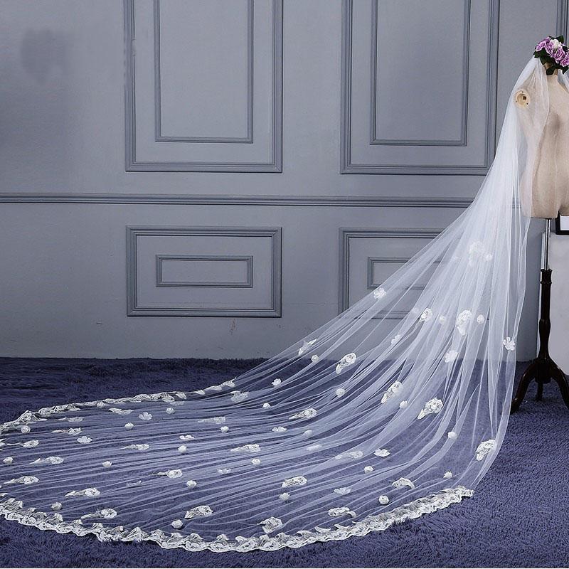 3M Tulle Ivory Wedding Veils with Appliques, Fashion Hand Made Flowers Wedding Veils STC15544