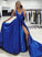 Spaghetti Straps Royal Blue V Neck Satin Prom Dresses with High Slit, A Line Formal Dresses STC15419