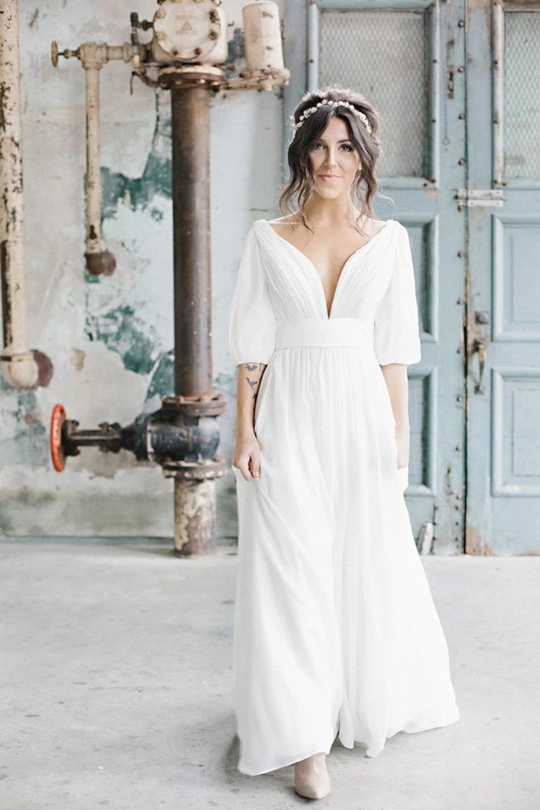 Simple A Line Ivory Chiffon V Neck Wedding Dresses Half Sleeves Long Wedding STCP42YQLZ1