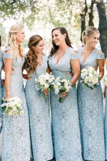 Mermaid Lace Baby Blue V Neck Bridesmaid Dresses for Wedding STC15653