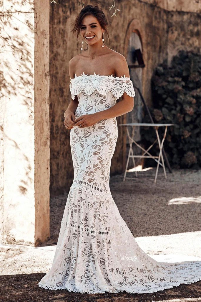Elegant Off the Shoulder Ivory Lace Mermaid Beach Wedding Dress, Cheap Bridal Dress STC15188