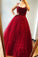 A-Line Burgundy Tulle Beaded Spaghetti Straps Scoop Long Prom STC20390