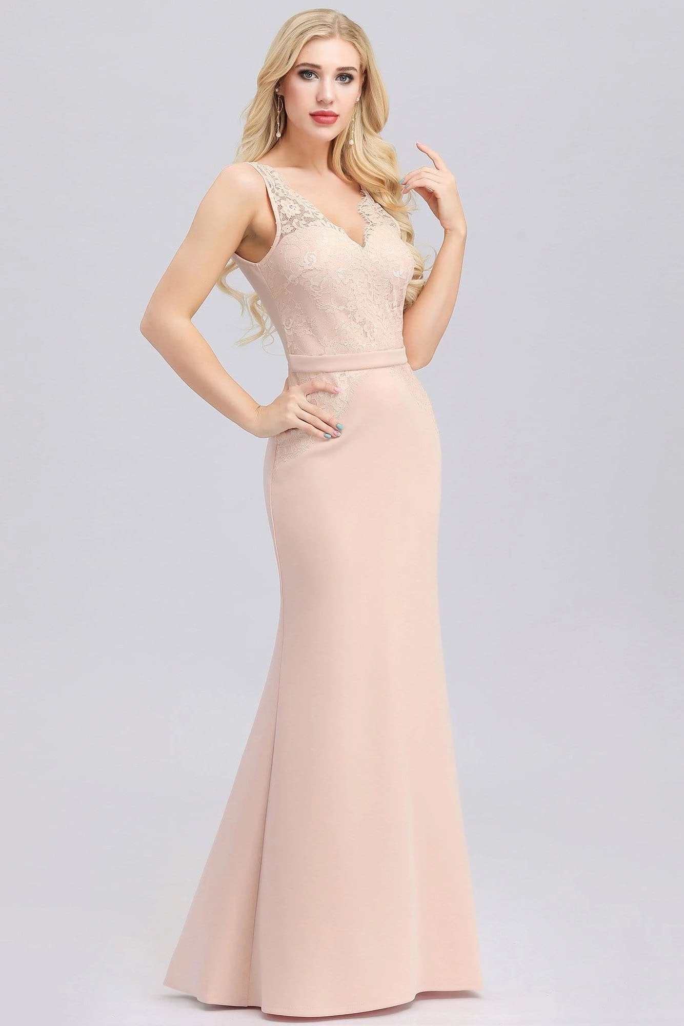 Elegant V-Neck Floral Lace Pink Evening Dress Satin Prom Dresses STC15216