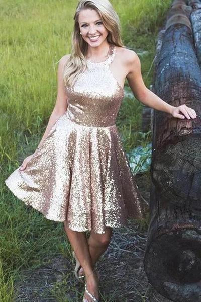 Halter Sequin A Line Backless Short Homecoming Dresses Simple Prom Gowns STC14977