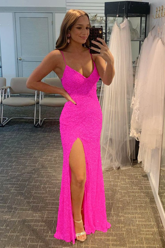 Sevy Glitter Hot Pink Long Backless Prom Dress