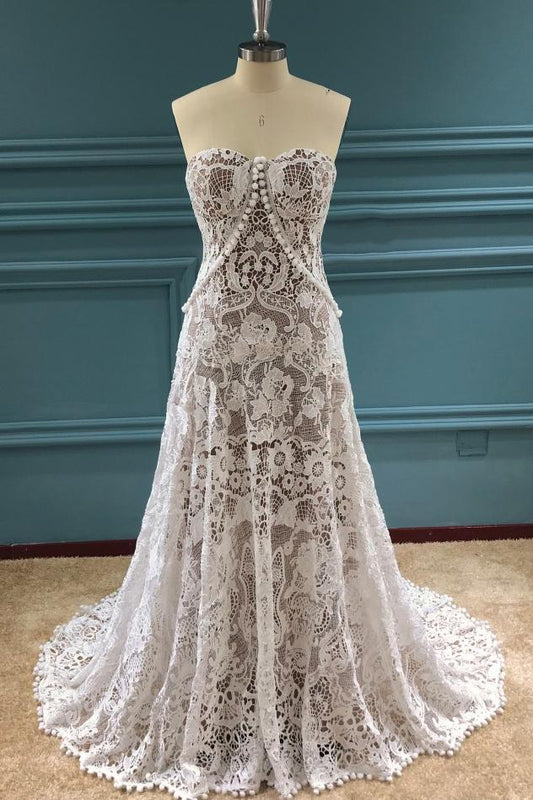 Elegant A Line Lace Appliques Sweetheart Strapless Wedding Dresses Bridal STC15636