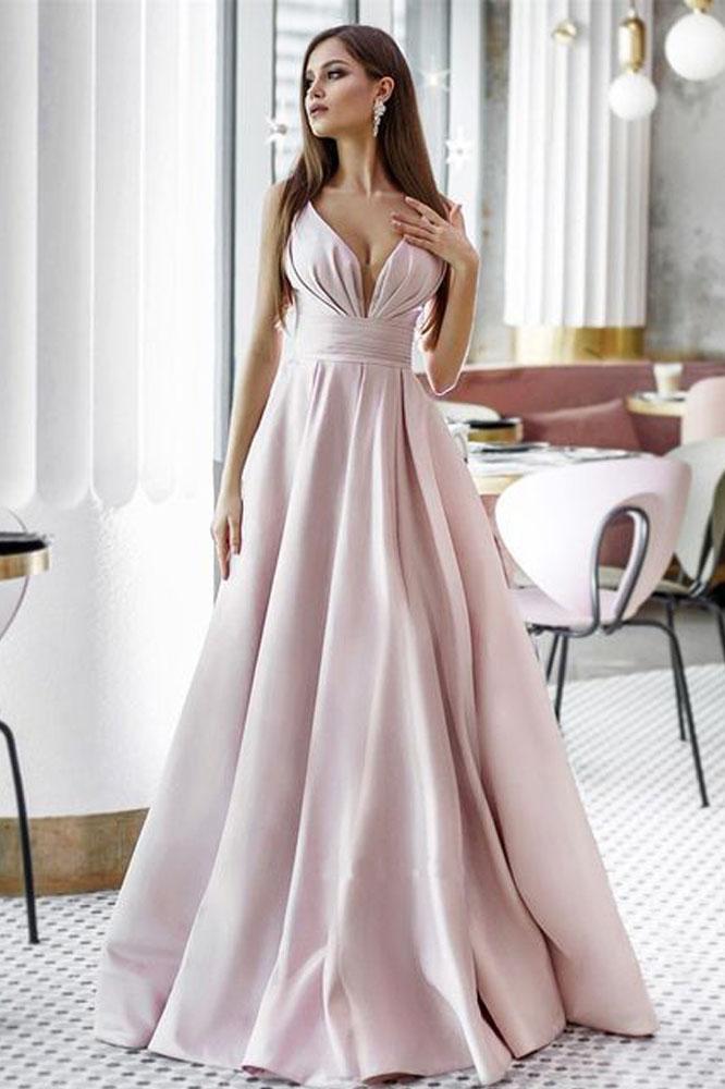 Vintage A Line Pink Satin Long Evening Dresses, Simple Dance Formal Dresses STC15541