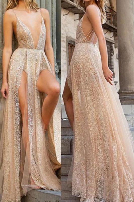 Sexy Lace Spaghetti Straps Backless V Neck Long Prom Dress with High Split STC15335