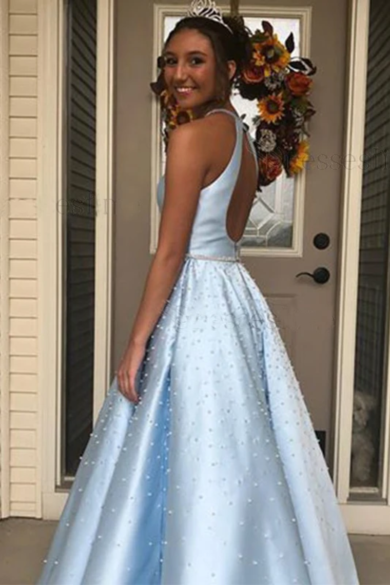 Open Back Floor Length Prom Dress With Pearls A Line Sleeveless Formal STCP74AHYZK