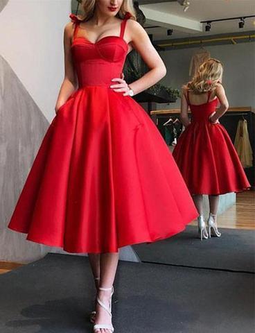 A-Line Spaghetti Straps Tea-Length Red Satin Prom Homecoming Dresses with Pockets