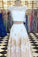 A-line Two Piece Long Floor Length Scoop White Lace Prom Dresses with Open Back