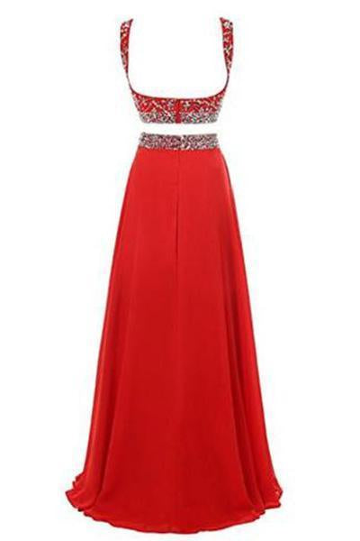 Long Prom Dress Two Pieces Maxi Chiffon Evening Gowns with Beads