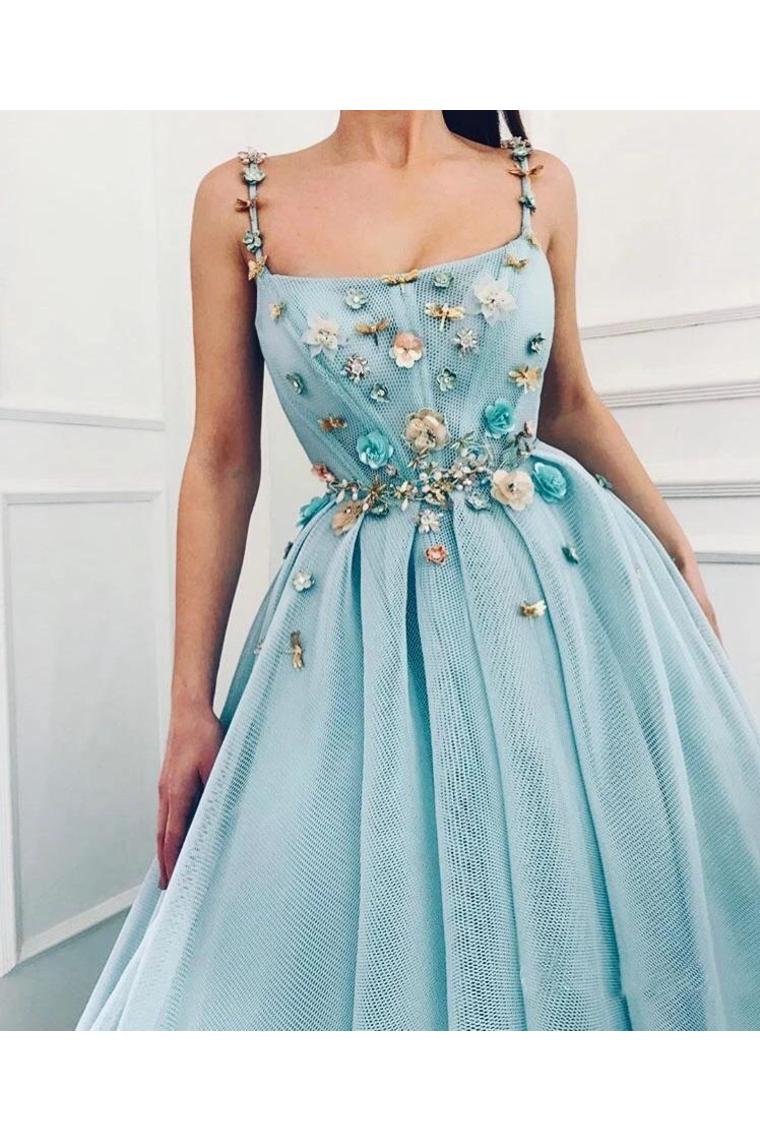 Elegant A Line Spaghetti Straps Tulle Scoop Prom Dresses With Appliques Formal STCPC4CZXGB