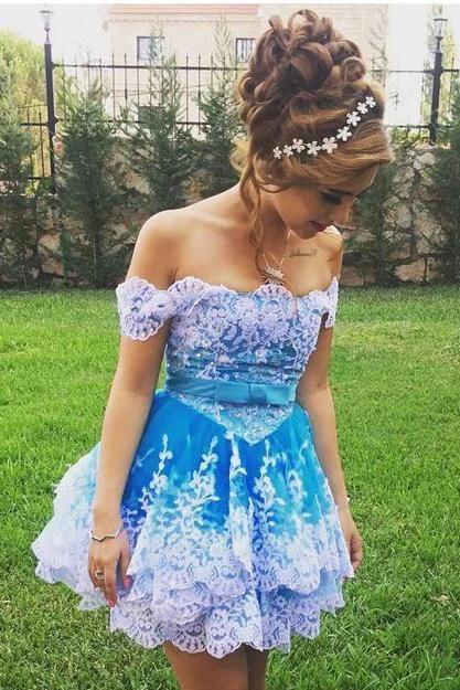 Cute Off the Shoulder Blue Lace Appliques Short Prom Gowns, Cute Homecoming Dresses STC15135