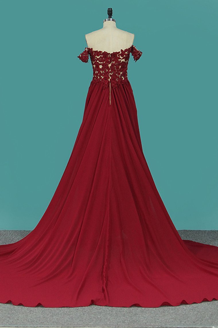 2022 Red Slit Off The Shoulder Prom Dresses A Line Chiffon With Applique