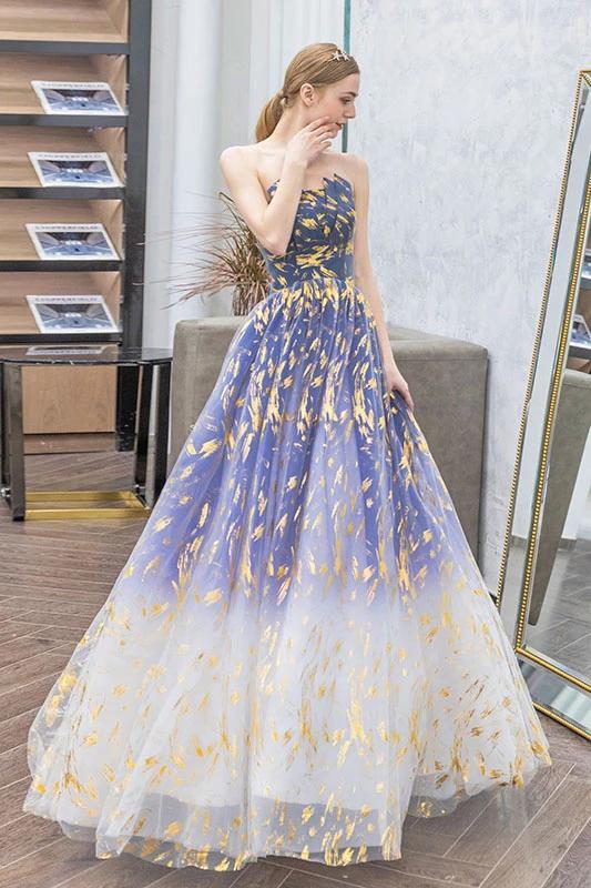 Charming Ombre Puffy Strapless Sparkly Prom Dress, Sexy Long Sleeveless Party Dresses STC15118