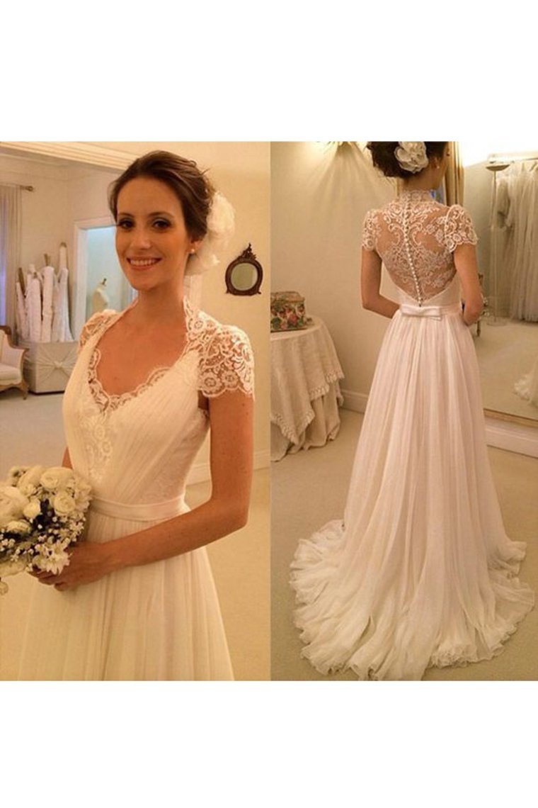 2022 Short Sleeves Wedding Dresses A Line Chiffon With Applique
