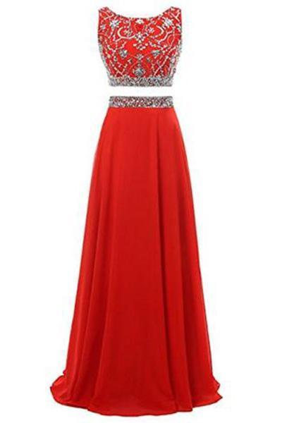 Long Prom Dress Two Pieces Maxi Chiffon Evening Gowns with Beads