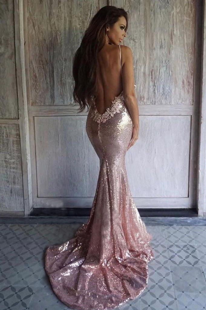Sexy Rose Gold Sequins Mermaid Long Prom Dresses Spaghetti Straps Backless Party Dresses STC15349