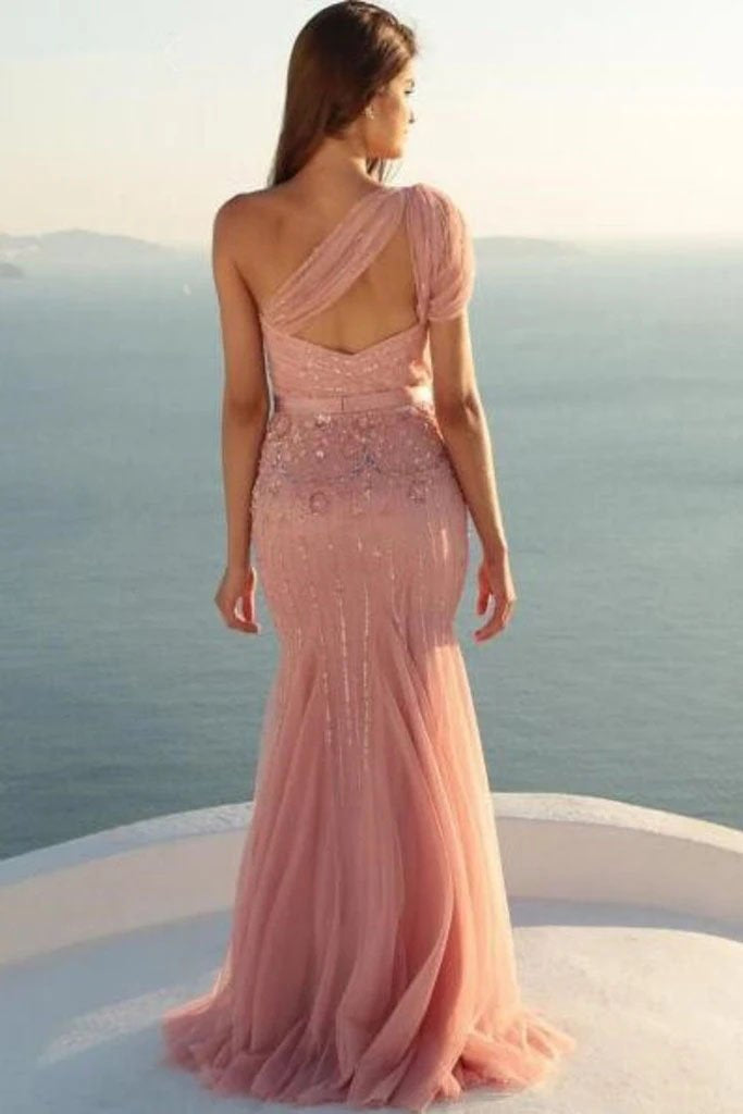 Charming Mermaid One Shoulder Tulle With Beads and Sash Prom STC15630