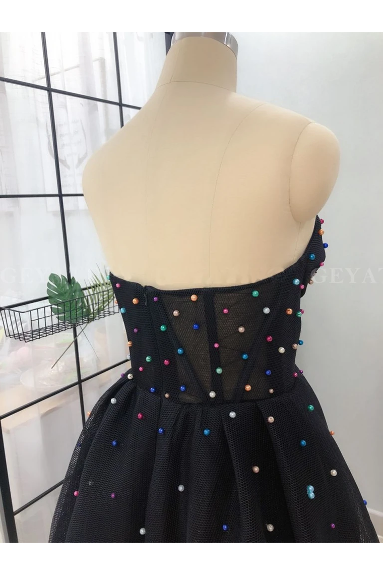 Elegant A Line Sweetheart Strapless Black Tulle Prom Dresses With STCPT11F6GE