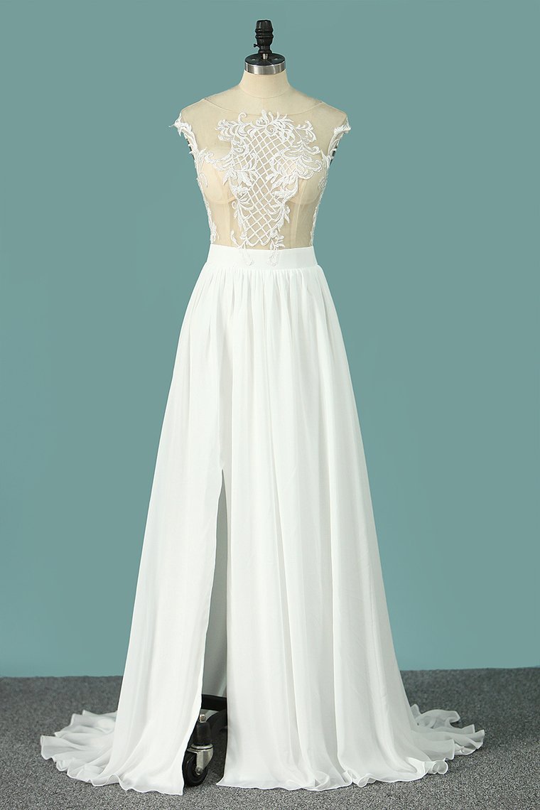 Chiffon Wedding Dresses Scoop Cap Sleeves With Applique And