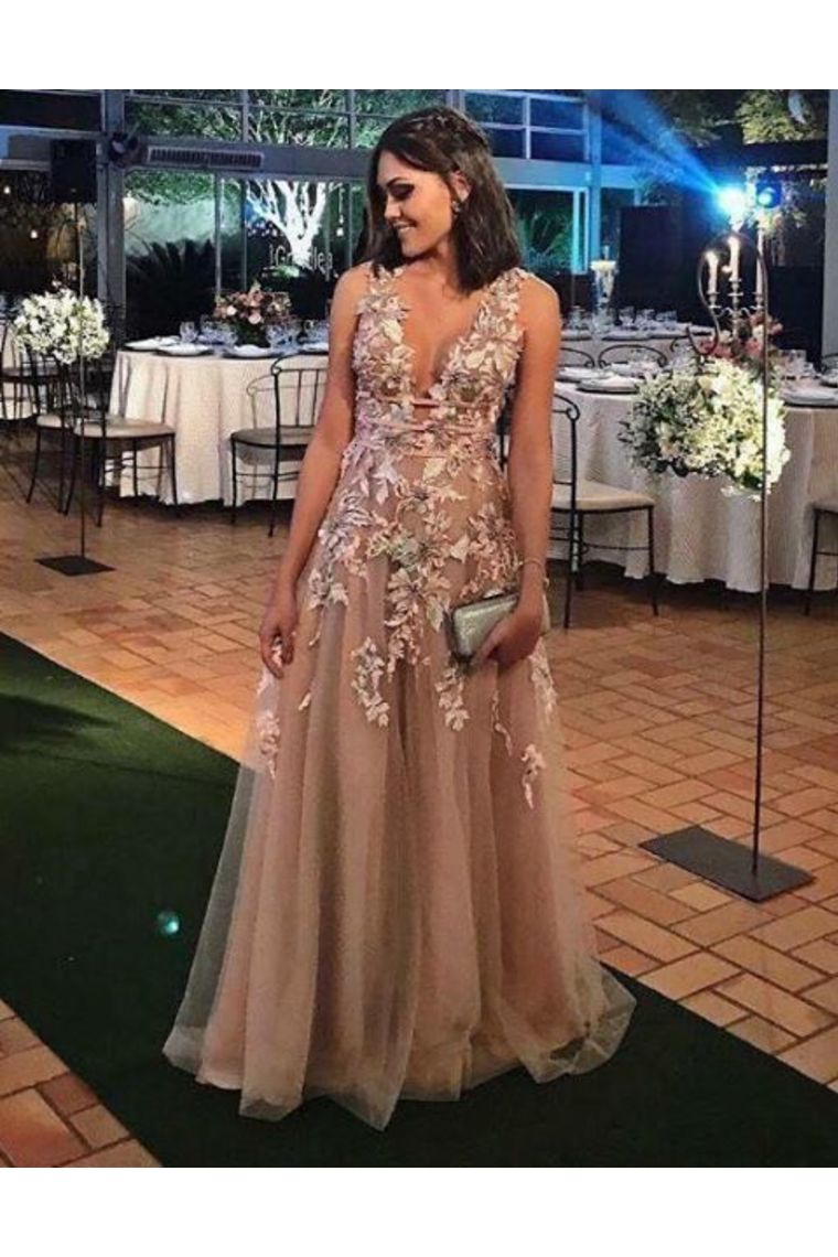 A-Line V Neck Appliques Floor Length Prom Dresses Tulle Evening STCP82T3LY5