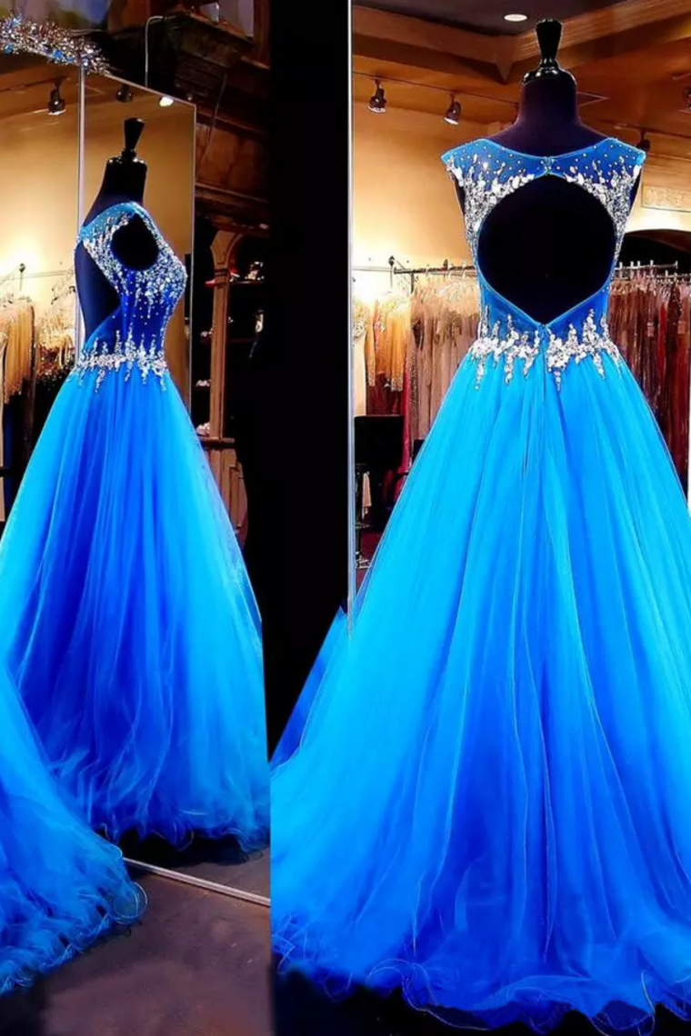 2022 Open Back Scoop Prom Dresses Tulle With Beading Sweep Train A