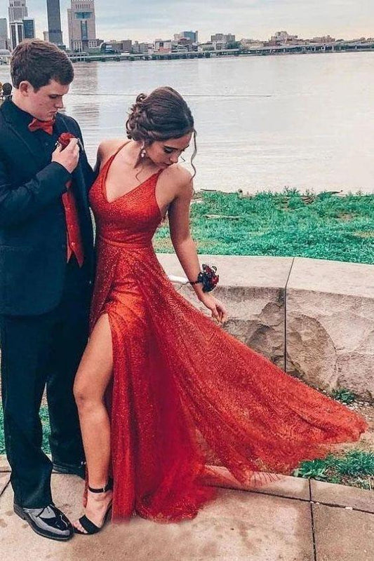 Sparkly V Neck A Line Red Spaghetti Straps Prom Dresses with Slit Evening STC15675
