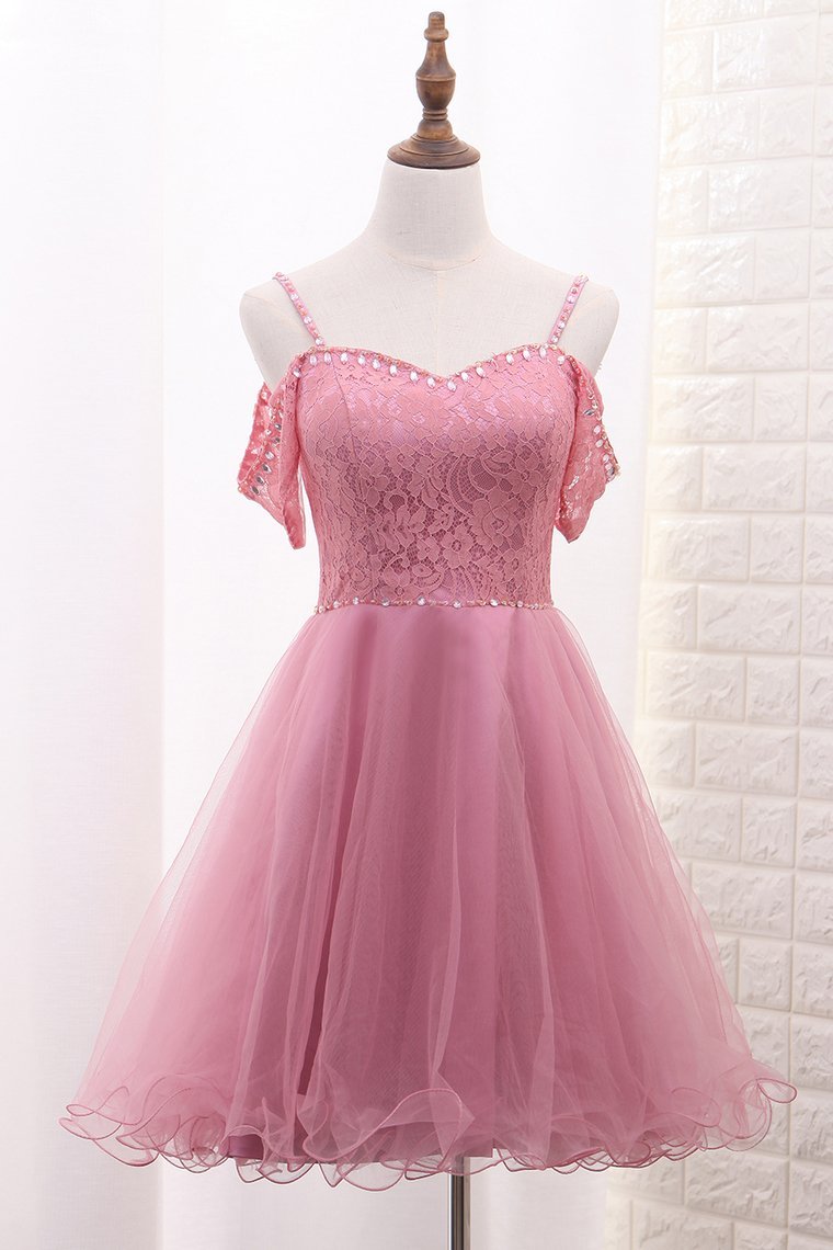 2022 A Line Tulle & Lace Spaghetti Straps Homecoming Dresses With