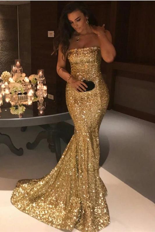 Sexy Mermaid Sequins Strapless Long Evening Dresses, Simple Prom STC20437