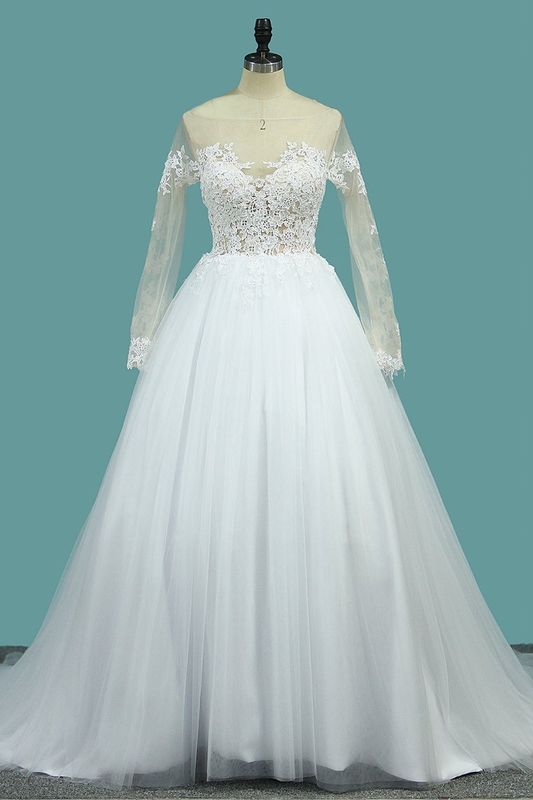 2022 Wedding Dresses Bateau Long Sleeves A Line With Applique Tulle Open