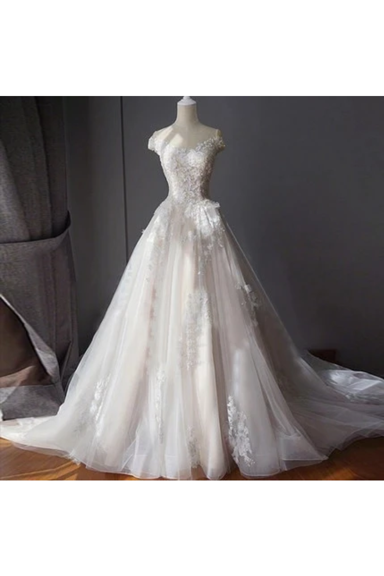 Stunning Off The Shoulder Tulle Wedding Dress With Applique Bridal Dress With Long STCPAE18RA2
